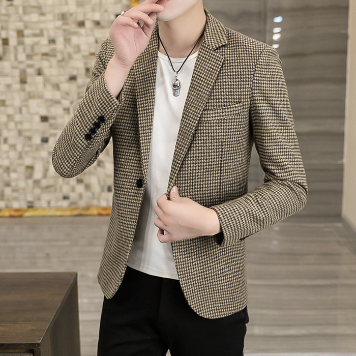 Single Breasted Houndstooth Blazer for Men: brown, black blazer jacket, smart casual style