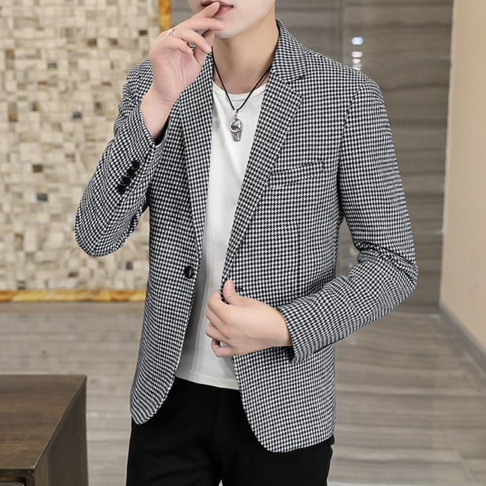 Single Breasted Houndstooth Blazer for Men: brown, black blazer jacket, smart casual style