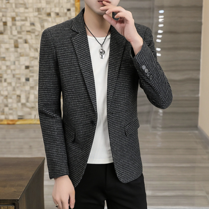 Single Breasted Houndstooth Blazer for Men: brown, black blazer jacket, smart casual style