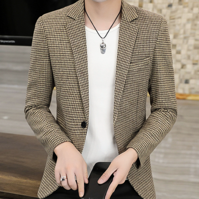 Single Breasted Houndstooth Blazer for Men: brown, black blazer jacket, smart casual style