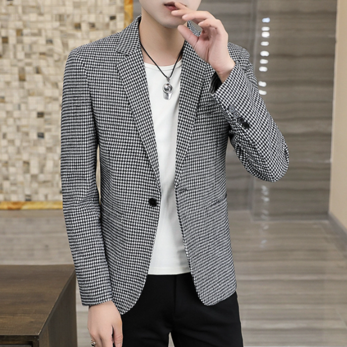 Single Breasted Houndstooth Blazer for Men: brown, black blazer jacket, smart casual style