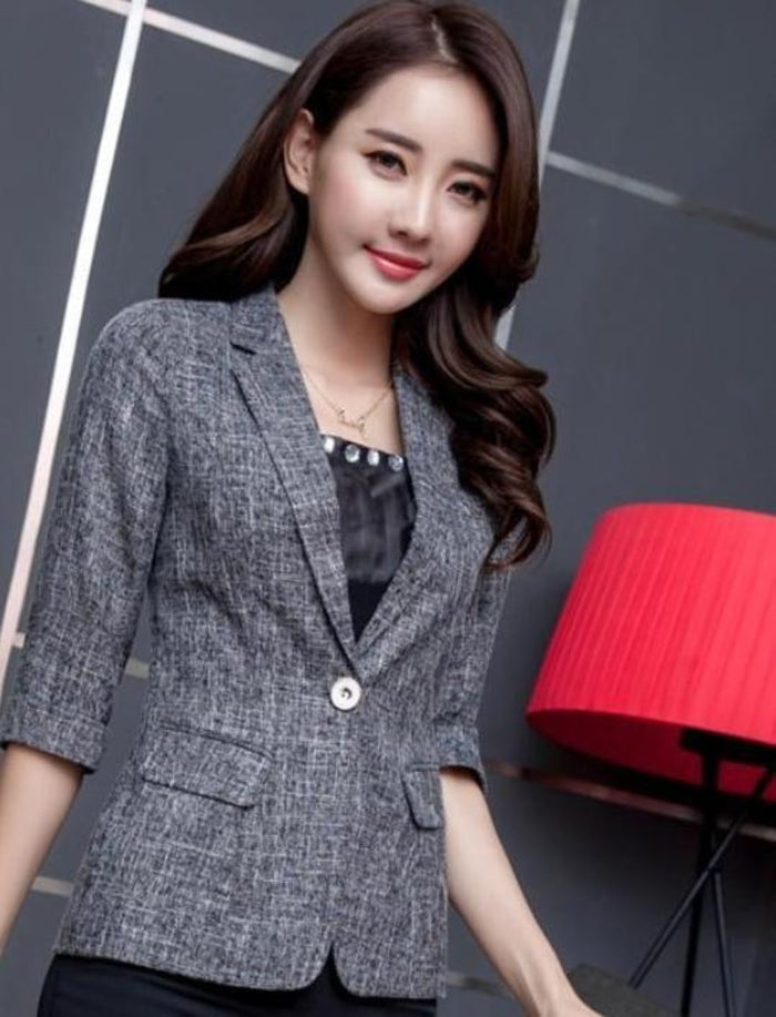 Single-Button Blazer with Three-Quarter Sleeves for Women: gray, black women's blazer jacket, smart casual style