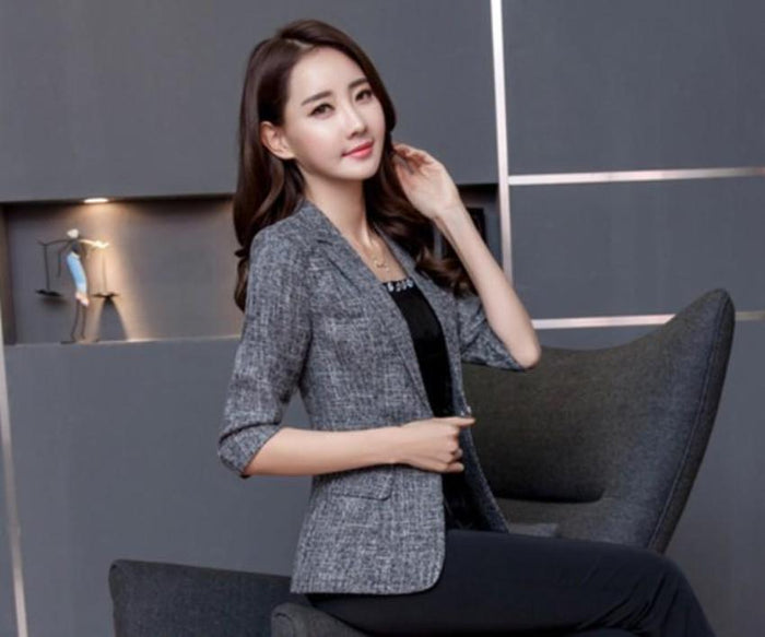 Single-Button Blazer with Three-Quarter Sleeves for Women: gray, black women's blazer jacket, smart casual style