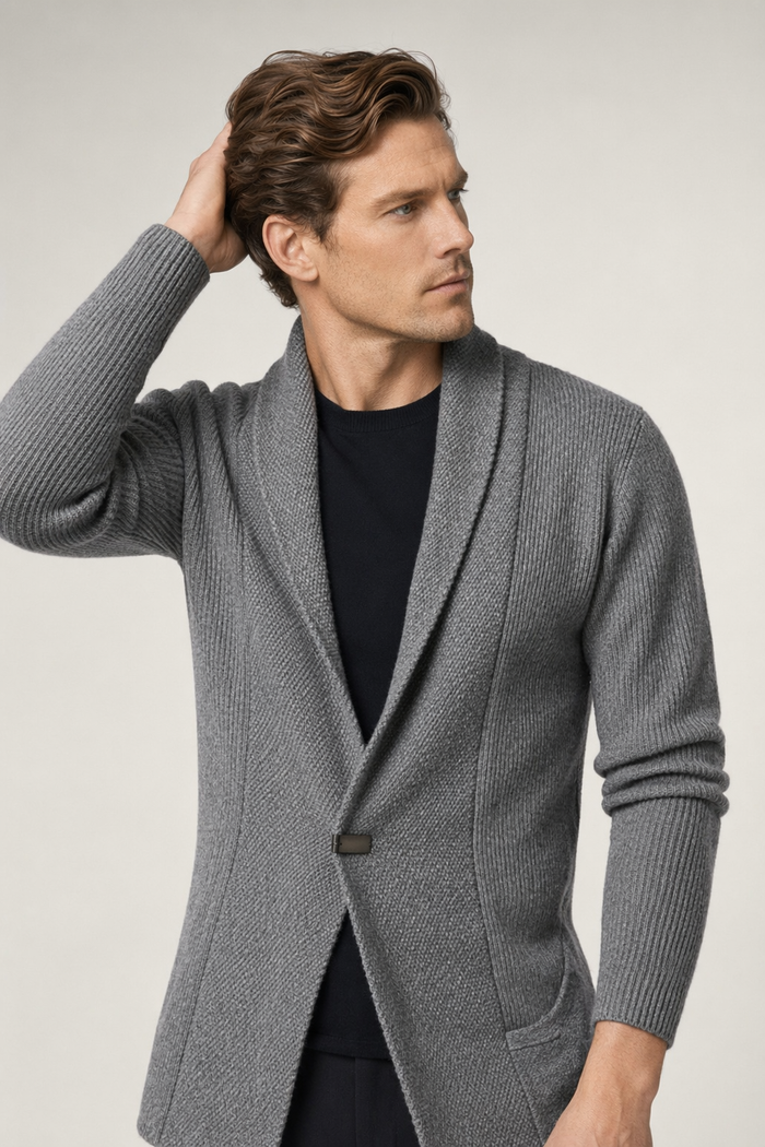 Single Button Men's Mid-Length Cardigan Gray