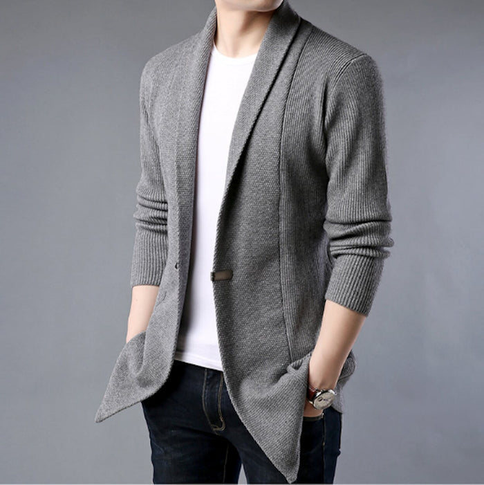 Single Button Men's Mid-Length Cardigan: gray, white open-front cardigan, minimal casual style