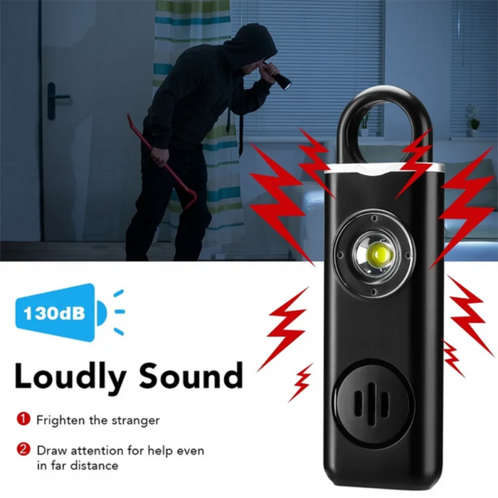 Siren Safety Alarm with Integrated LED Light for Personal Use: black, silver personal safety alarm device, modern product adv