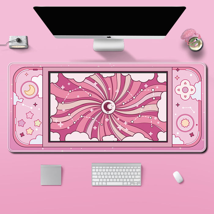 Sky Desk Mat: Durable and Stylish: pink, white moon, clouds, stars and celestial theme, cute cartoon kawaii celestial style