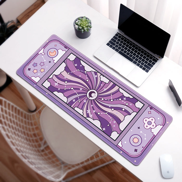 Sky Desk Mat: Durable and Stylish: pink, white moon, clouds, stars and celestial theme, cute cartoon kawaii celestial style