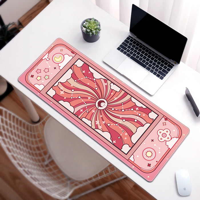 Sky Desk Mat: Durable and Stylish: pink, white moon, clouds, stars and celestial theme, cute cartoon kawaii celestial style