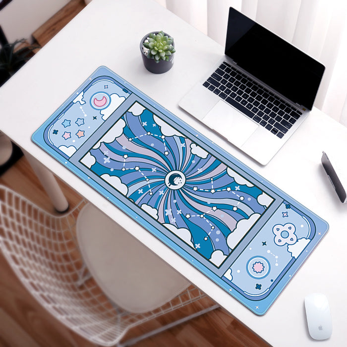 Sky Desk Mat: Durable and Stylish: pink, white moon, clouds, stars and celestial theme, cute cartoon kawaii celestial style