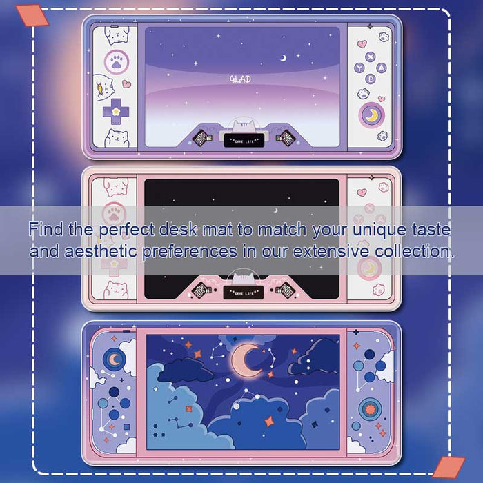 Sky Desk Mat: Durable and Stylish: pink, white moon, clouds, stars and celestial theme, cute cartoon kawaii celestial style