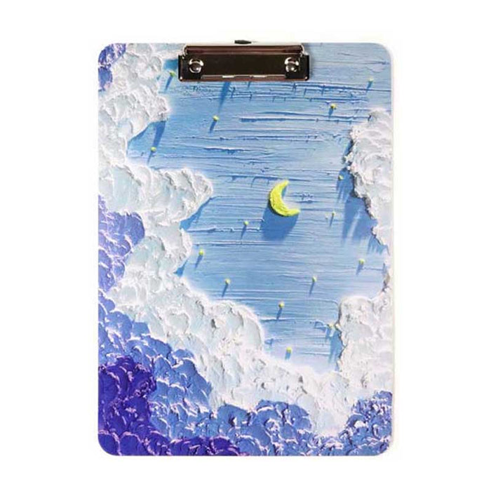 Sky-inspired 3D Clipboard with Grip: light blue, white night sky with crescent moon and clouds, hand-painted textured fantasy