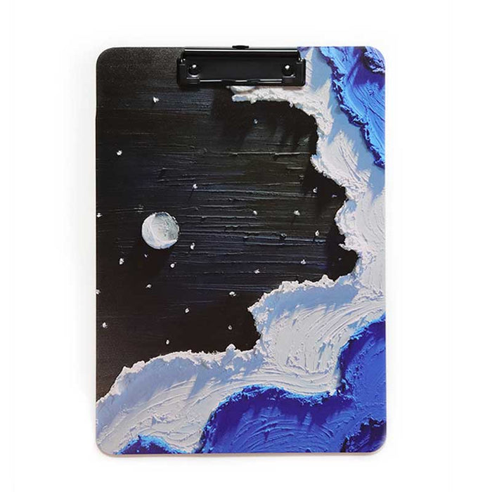 Sky-inspired 3D Clipboard with Grip: light blue, white night sky with crescent moon and clouds, hand-painted textured fantasy