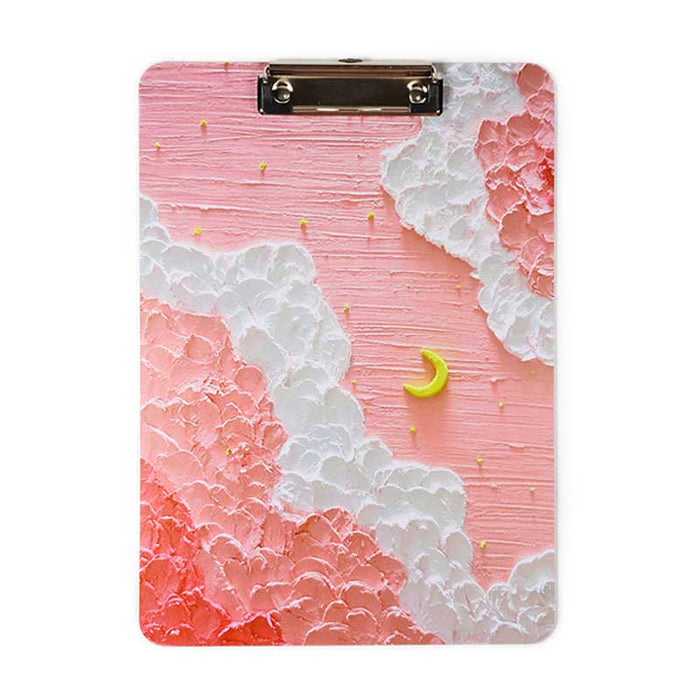 Sky-inspired 3D Clipboard with Grip: light blue, white night sky with crescent moon and clouds, hand-painted textured fantasy