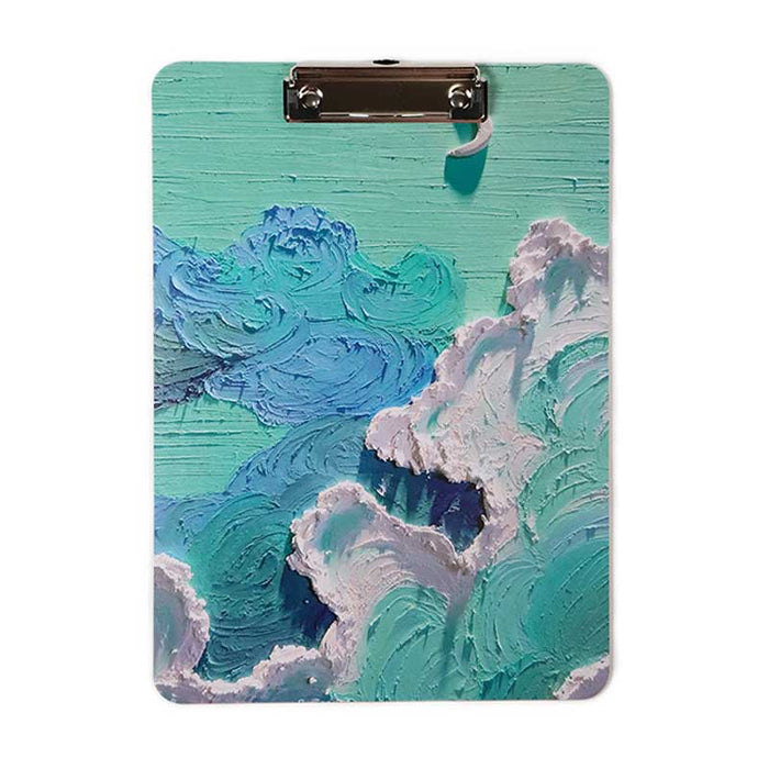 Sky-inspired 3D Clipboard with Grip: light blue, white night sky with crescent moon and clouds, hand-painted textured fantasy