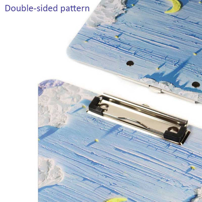 Sky-inspired 3D Clipboard with Grip: light blue, white night sky with crescent moon and clouds, hand-painted textured fantasy