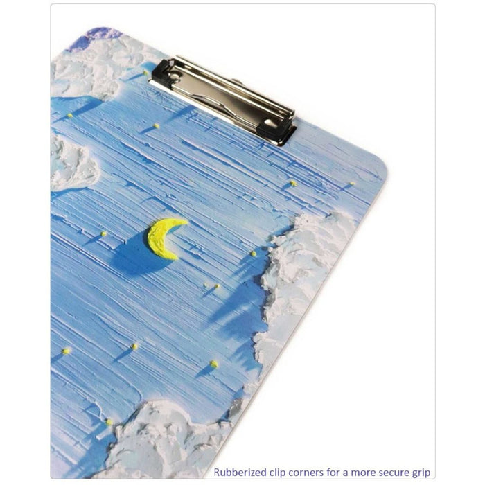 Sky-inspired 3D Clipboard with Grip: light blue, white night sky with crescent moon and clouds, hand-painted textured fantasy