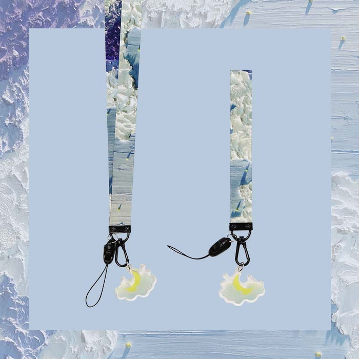 Sky Lanyard Keychains with Cloud Charm: light blue, white clouds, cute cartoon style