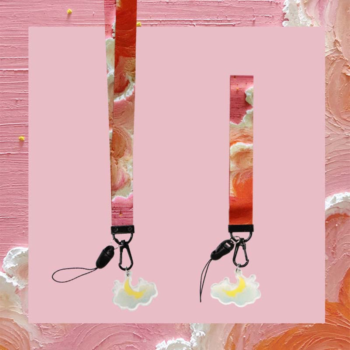 Sky Lanyard Keychains with Cloud Charm: light blue, white clouds, cute cartoon style