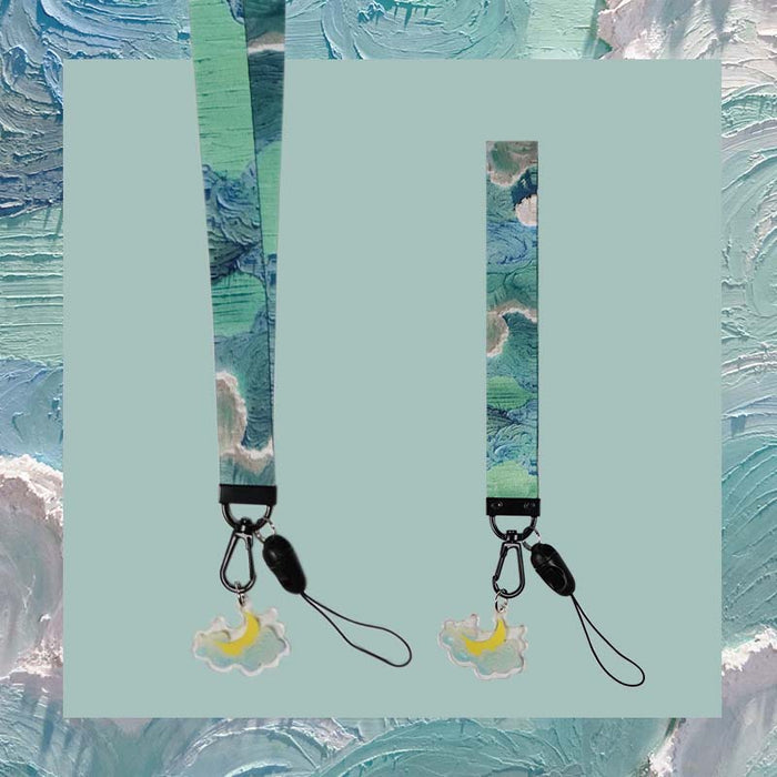 Sky Lanyard Keychains with Cloud Charm: light blue, white clouds, cute cartoon style