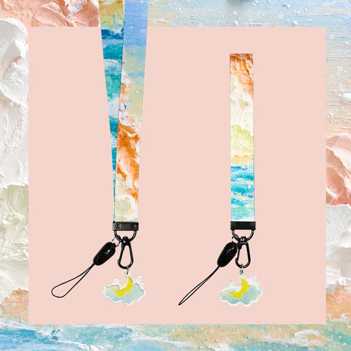 Sky Lanyard Keychains with Cloud Charm: light blue, white clouds, cute cartoon style