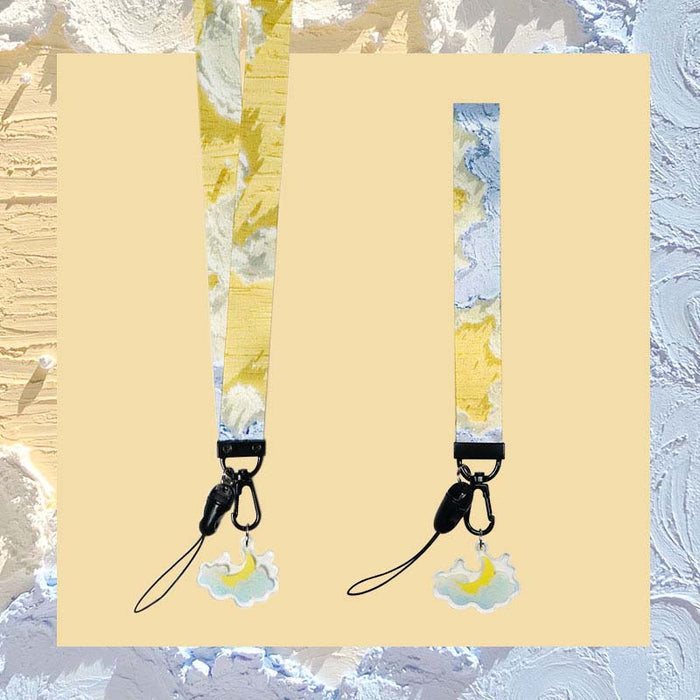 Sky Lanyard Keychains with Cloud Charm: light blue, white clouds, cute cartoon style