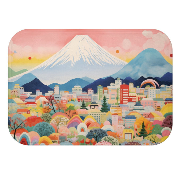 Skyline Bath Mat, Mount Fuji Edition: pink, white Mount Fuji and colorful cityscape, colorful whimsical illustration style