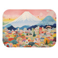 Skyline Bath Mat, Mount Fuji Edition: pink, white Mount Fuji and colorful cityscape, colorful whimsical illustration style