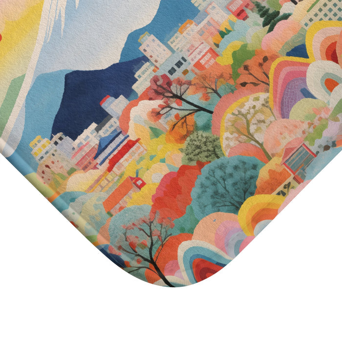 Skyline Bath Mat, Mount Fuji Edition: pink, white Mount Fuji and colorful cityscape, colorful whimsical illustration style