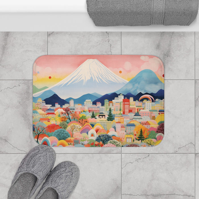 Skyline Bath Mat, Mount Fuji Edition: pink, white Mount Fuji and colorful cityscape, colorful whimsical illustration style