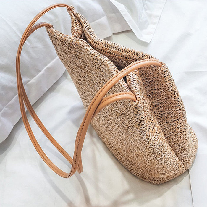 Sleek Faux Leather Handle Woven Straw Bag: natural beige, tan woven handbag, minimal casual boho style