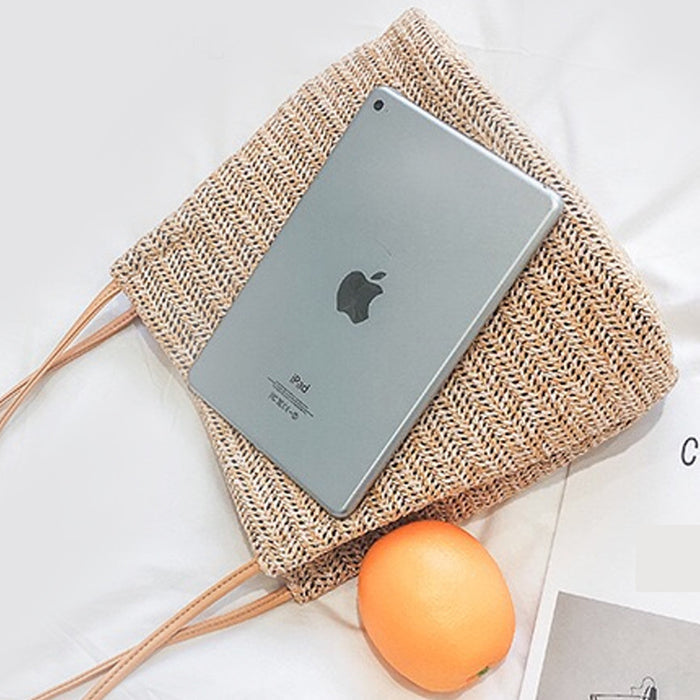 Sleek Faux Leather Handle Woven Straw Bag: natural beige, tan woven handbag, minimal casual boho style