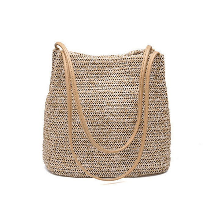 Sleek Faux Leather Handle Woven Straw Bag: natural beige, tan woven handbag, minimal casual boho style