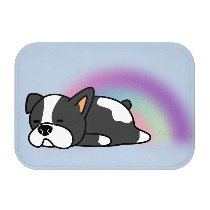 Sleepy Puppy Bath Mat: light blue, black sleeping black-and-white dog, kawaii cartoon style