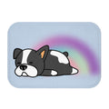 Sleepy Puppy Bath Mat: light blue, black sleeping black-and-white dog, kawaii cartoon style
