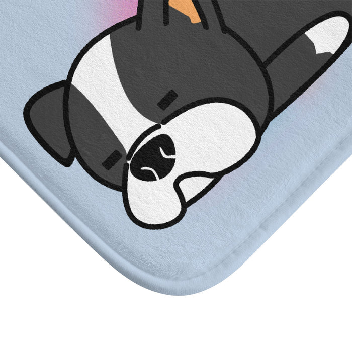 Sleepy Puppy Bath Mat: light blue, black sleeping black-and-white dog, kawaii cartoon style