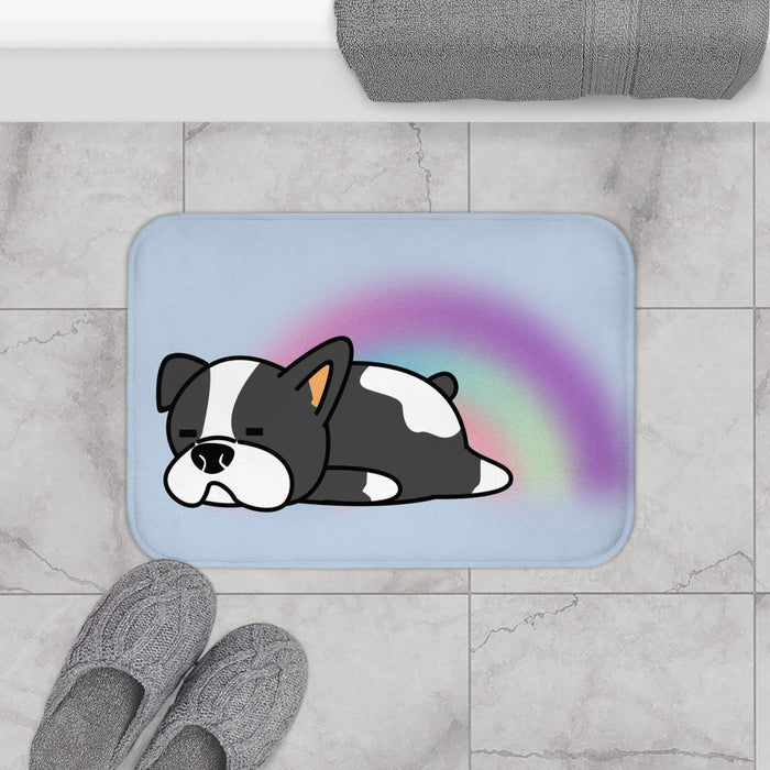 Sleepy Puppy Bath Mat: light blue, black sleeping black-and-white dog, kawaii cartoon style