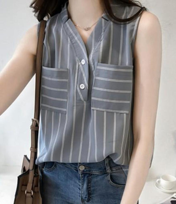 Sleeveless Women's Top with a Flattering V-Neck Design: gray, white sleeveless blouse/top, minimal casual style