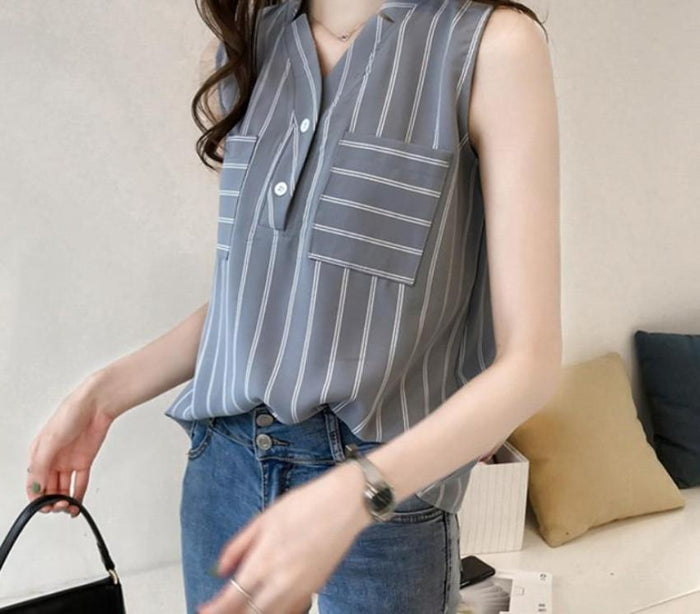 Sleeveless Women's Top with a Flattering V-Neck Design: gray, white sleeveless blouse/top, minimal casual style