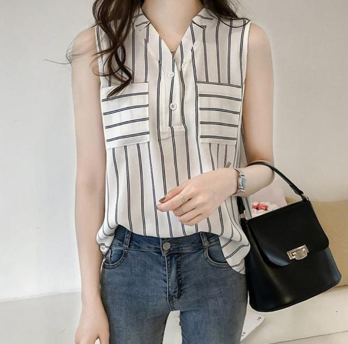 Sleeveless Women's Top with a Flattering V-Neck Design: gray, white sleeveless blouse/top, minimal casual style