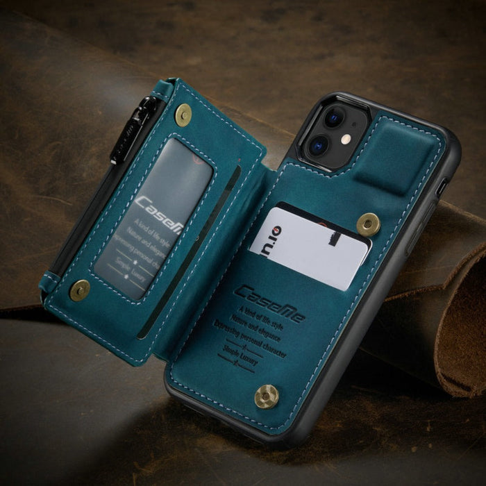 Slim Back Case with Zipper for iPhone 11 to 15 Series: teal blue, black phone case with wallet-style flip cover, minimal prac