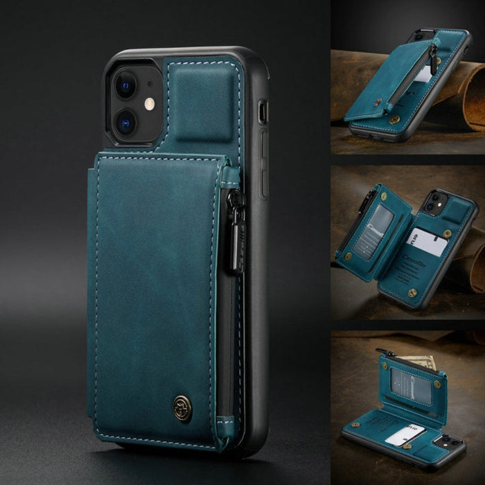 Slim Back Case with Zipper for iPhone 11 to 15 Series: teal blue, black phone case with wallet-style flip cover, minimal prac