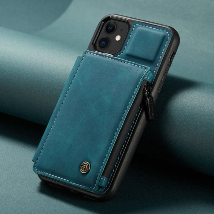 Slim Back Case with Zipper for iPhone 11 to 15 Series: teal blue, black phone case with wallet-style flip cover, minimal prac