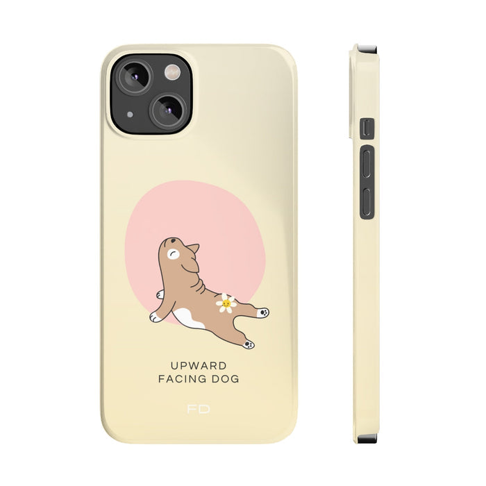 Slim Case for iPhone, Yoga Inspired Upward Facing Dog Design: pale yellow, pink cartoon dog, cute cartoon minimalist style