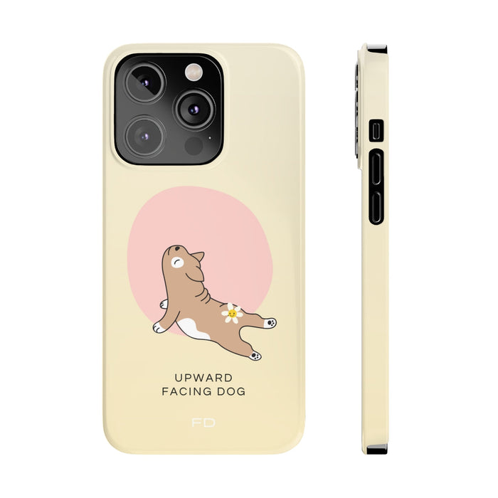 Slim Case for iPhone, Yoga Inspired Upward Facing Dog Design: pale yellow, pink cartoon dog, cute cartoon minimalist style
