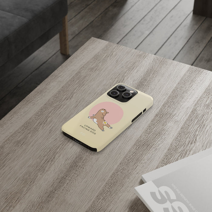 Slim Case for iPhone, Yoga Inspired Upward Facing Dog Design: pale yellow, pink cartoon dog, cute cartoon minimalist style