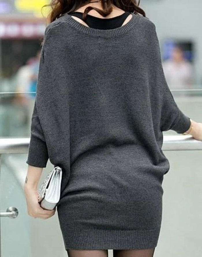 Slim-Fit Batwing Women's Sweater: The All-in-One Piece: dark gray, black women's knit sweater dress/tunic, minimal casual sty