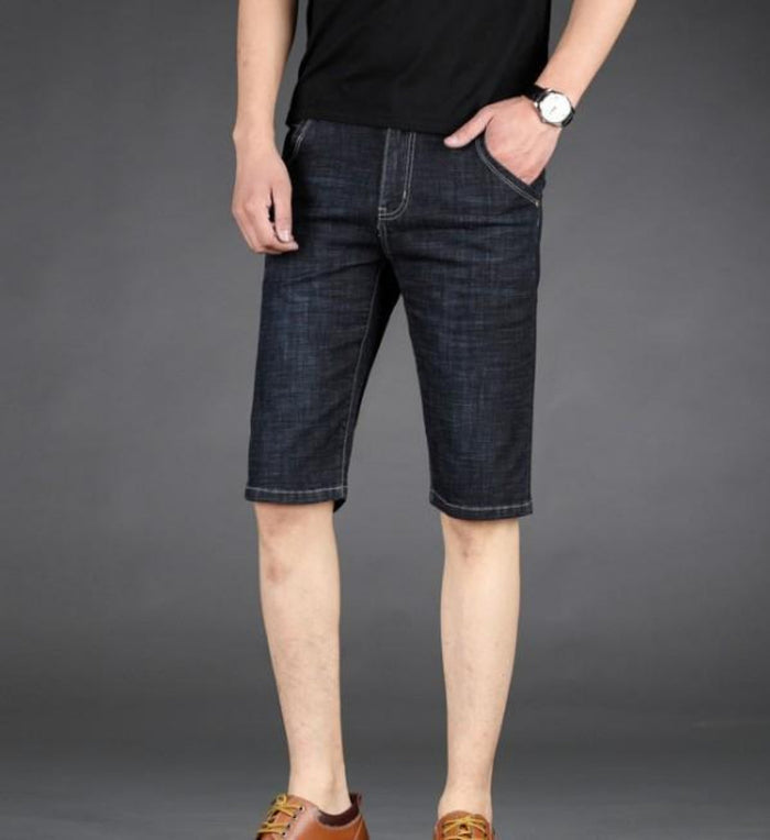 Slim Fit Black Denim Shorts for Men, Mid Length: dark indigo blue, black denim shorts, casual style