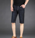 Slim Fit Black Denim Shorts for Men, Mid Length: dark indigo blue, black denim shorts, casual style