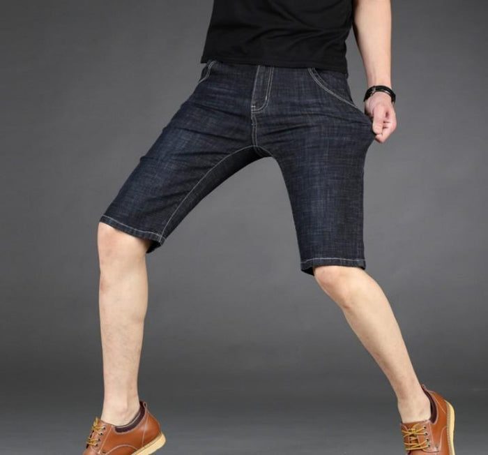 Slim Fit Black Denim Shorts for Men, Mid Length: dark indigo blue, black denim shorts, casual style
